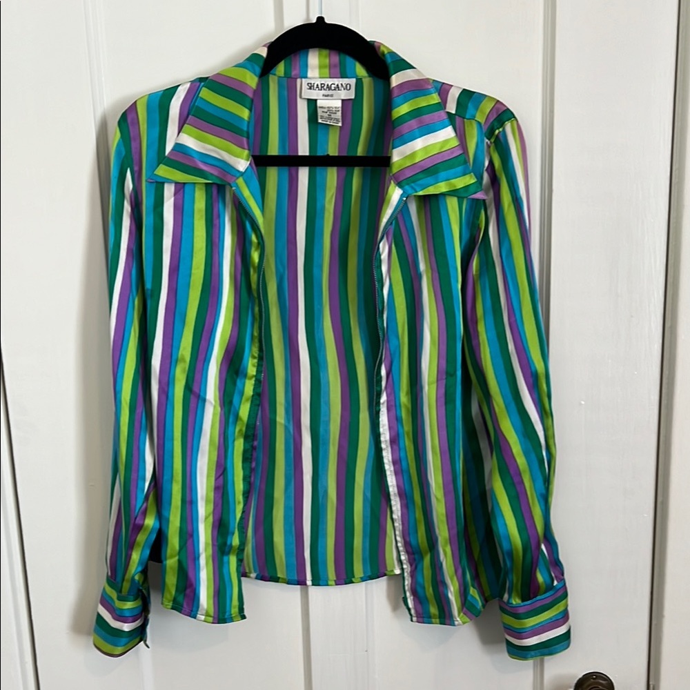 Vintage Sharagano Paris Striped Multicolor Silk Blouse Medium